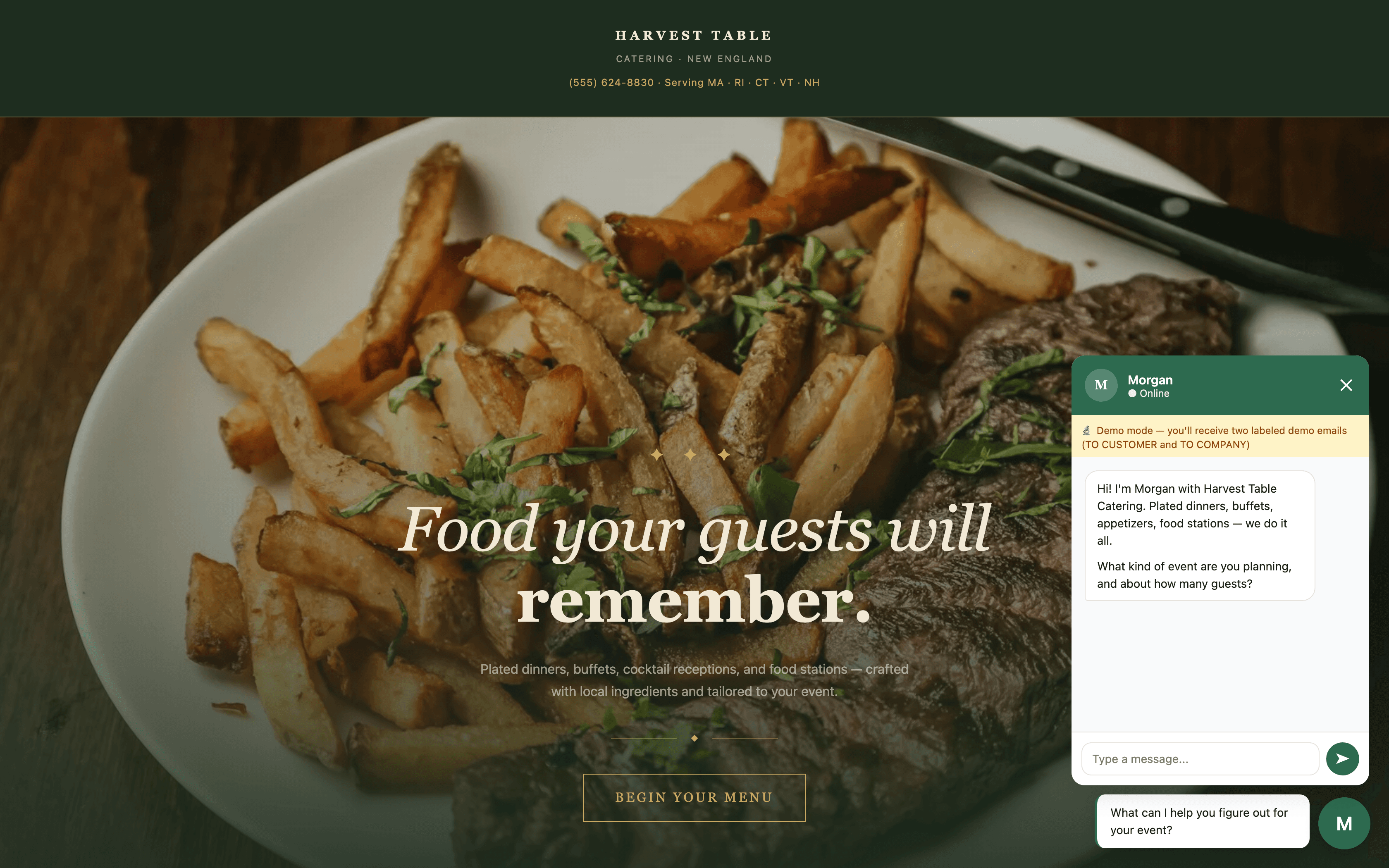 Harvest Table Catering demo site with AI chat widget open