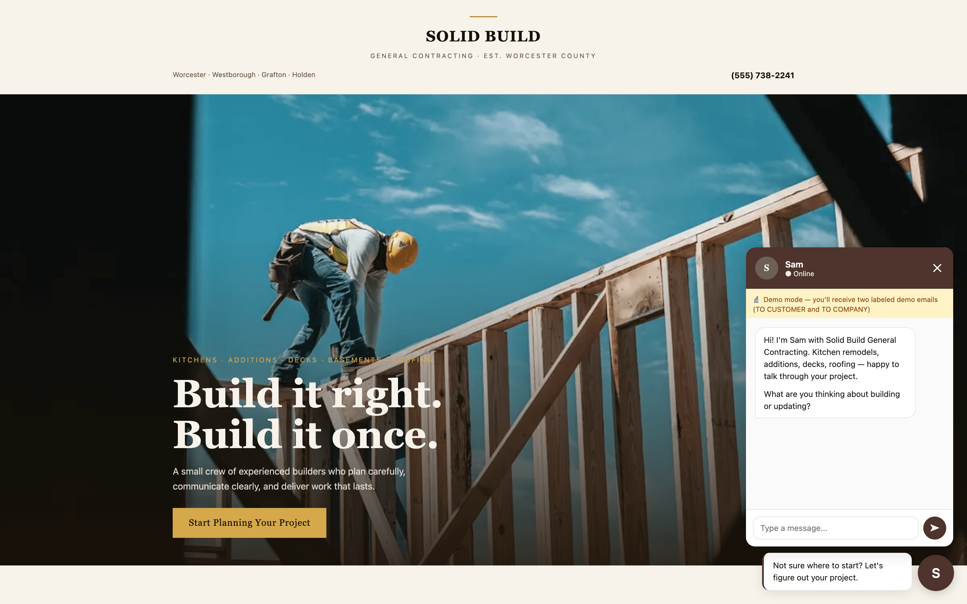 Solid Build General Contracting demo site with AI chat widget open