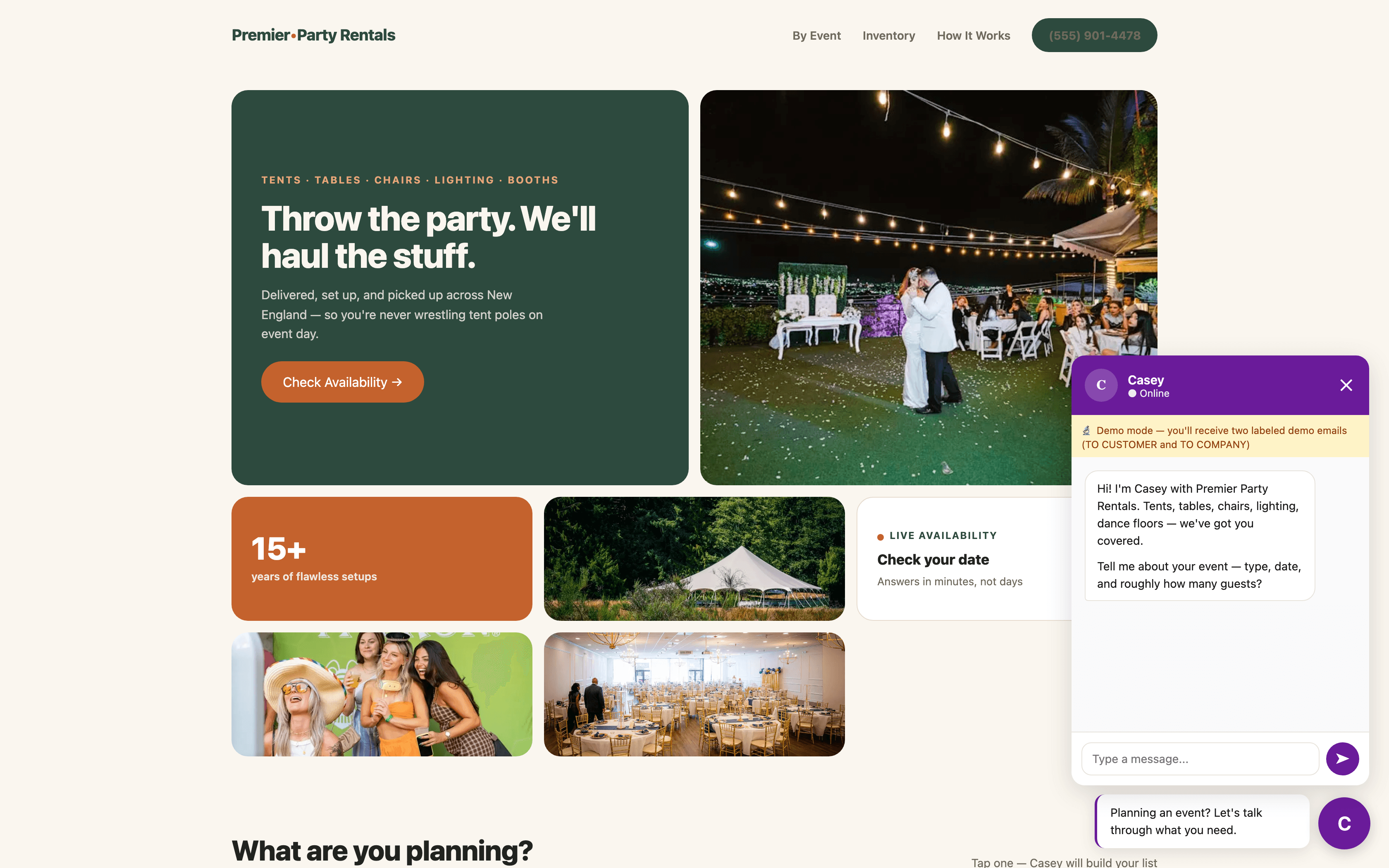 Premier Party Rentals demo site with AI chat widget open